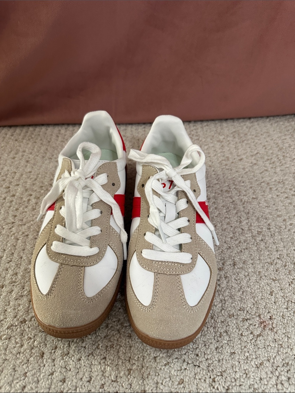 Kids White and Beige Suede Sneakers with Red Stripe